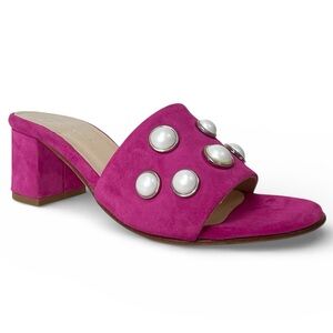 NIB Charly Amar Gina Fuchsia Suede Pearl Trim Slip-On Open Toe Sandals Italy
